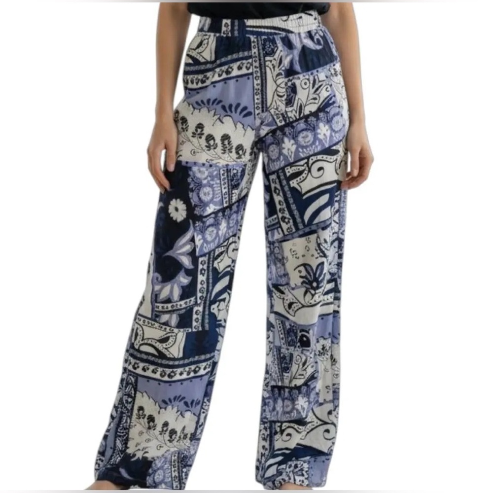 Christian Siriano Linen Blend Black Blue Wide Leg Trousers Pants Women’s XS